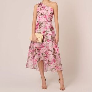ADRIANNA PAPELL Floral Print Organza Midi One Shoulder Neckline Pink Multi Sz 4